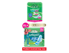WHISPER ULTRA HYGIENE+COMFORT SANITARY PADS, 50 XL+ PADS, FOR HEAVY FLOW, LONG LASTING PROTECTION, LOCKS ODOUR & WETNESS, DRY TOP SHEET, DISPOSABLE WRAPPER
