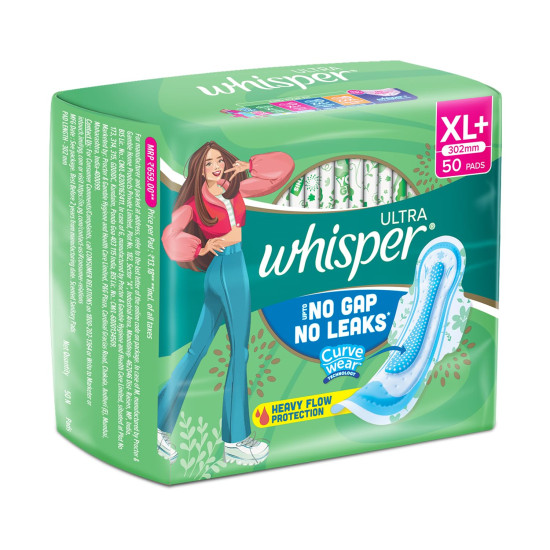 WHISPER ULTRA HYGIENE+COMFORT SANITARY PADS, 50 XL+ PADS, FOR HEAVY FLOW, LONG LASTING PROTECTION, LOCKS ODOUR & WETNESS, DRY TOP SHEET, DISPOSABLE WRAPPER