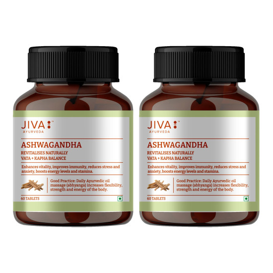 Jiva Ashwagandha Tablet | 100% Ayurvedic Formulation Boosts Immunity And Energy Level | Strengthens Nervous System, Reduces Stress & Anxiety | Balances Kapha & Vata Doshas- 60 Tablets (Pack Of 2)