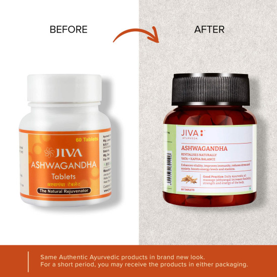 Jiva Ashwagandha Tablet | 100% Ayurvedic Formulation Boosts Immunity And Energy Level | Strengthens Nervous System, Reduces Stress & Anxiety | Balances Kapha & Vata Doshas- 60 Tablets (Pack Of 2)