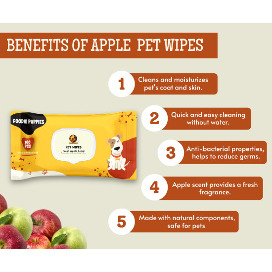 Foodie Puppies Anti-Bacterial 200 Pulls Pet Wet Wipes (Fresh Apple) - 100 Wipes (Pack of 2) | Grooming Wipes for Dogs, Puppies, Cats, Rabbits & Small Animals | SLS Free, Paraben Free & Cruelty Free