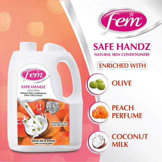 Fem Safe Handz Handwash Kills Germs Enriched With The Goodness Of Peach And Olive Oil Liquid Soap Refill Pack - 5 L