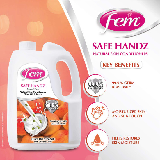 Fem Safe Handz Handwash Kills Germs Enriched With The Goodness Of Peach And Olive Oil Liquid Soap Refill Pack - 5 L