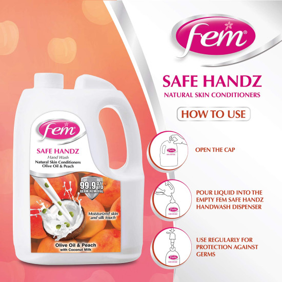 Fem Safe Handz Handwash Kills Germs Enriched With The Goodness Of Peach And Olive Oil Liquid Soap Refill Pack - 5 L