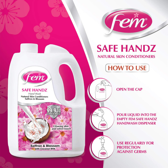 Fem Safe Handz Hand Wash - Enriched with the Goodness of Saffron & Blossom with Coconut Milk - 5 L