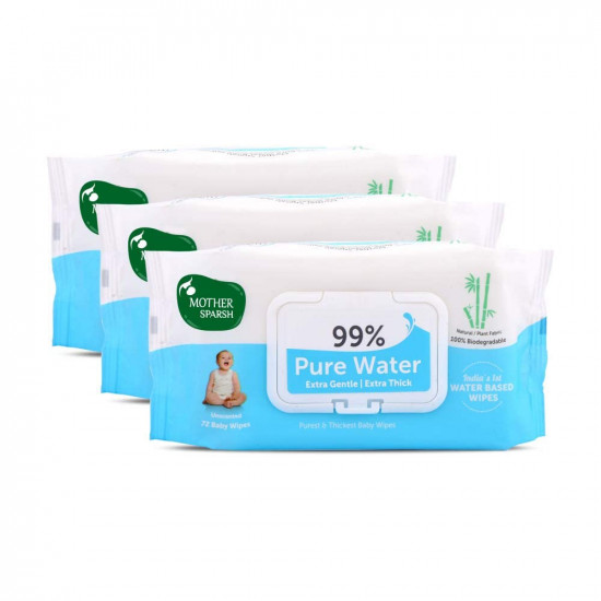 Mother Sparsh 99% Pure Water (Unscented) Baby Wipes I Natural Plant Made Cloth - Super Thick I 72 pcs/Pack - Pack of 3