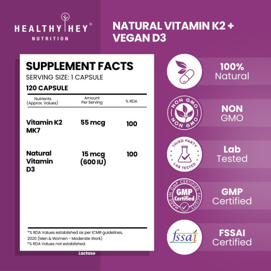 HealthyHey Nutrition Vitamin D3 K2 Supplement Capsules | D3 Derived from Natural | 100% Veg Vitamin K2 Mk7 + Vitamin D3 Capsule | Non-GMO |Non -Synthetic (120 Veg. Capsules)