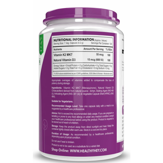 HealthyHey Nutrition Vitamin D3 K2 Supplement Capsules | D3 Derived from Natural | 100% Veg Vitamin K2 Mk7 + Vitamin D3 Capsule | Non-GMO |Non -Synthetic (120 Veg. Capsules)