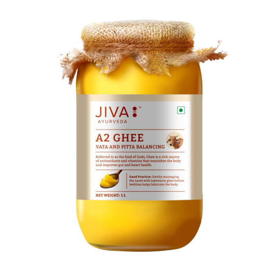 Jiva Gir Desi Cow A2 Ghee 1 L | Made With A2 Milk From Gir Cows Using Bilona Churning Process | Excellent source of OMEGA 3, OMEGA 6, Vitamins B2, B12 (Pack of 1)