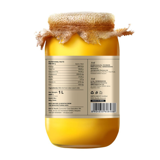 Jiva Gir Desi Cow A2 Ghee 1 L | Made With A2 Milk From Gir Cows Using Bilona Churning Process | Excellent source of OMEGA 3, OMEGA 6, Vitamins B2, B12 (Pack of 1)