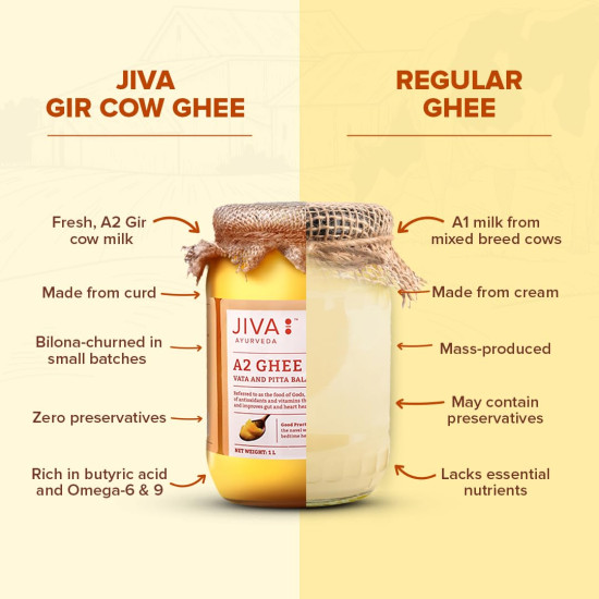 Jiva Gir Desi Cow A2 Ghee 1 L | Made With A2 Milk From Gir Cows Using Bilona Churning Process | Excellent source of OMEGA 3, OMEGA 6, Vitamins B2, B12 (Pack of 1)