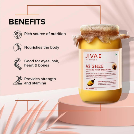 Jiva Gir Desi Cow A2 Ghee 1 L | Made With A2 Milk From Gir Cows Using Bilona Churning Process | Excellent source of OMEGA 3, OMEGA 6, Vitamins B2, B12 (Pack of 1)