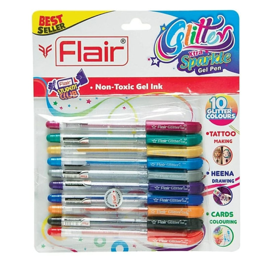 Flair Glitter Sparkle 1 mm Gel Pen Blister Pack | Comfortable Grip for Smooth Writing | School & Office Stationery | 10 Shades, Blister Pack of 10 x 5 Sets.
