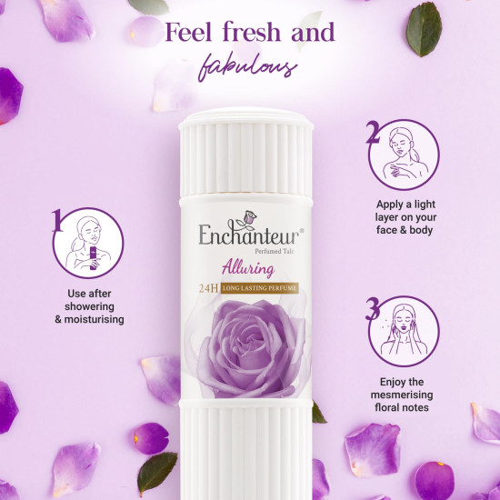 Enchanteur Alluring Perfumed Talcum Powder with Floral French Fragrance for Women| Refreshing & Soothing Talc with Fine Texture| Absorbs Moisture & Prevents Odour| 250g