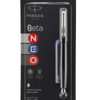 Parker Beta Neo Chrome Trim Fountain Pen| Black Body Color With 1 Ink Cartridge | Ink Color - Blue | Gift For Employees | Unique Gifts For Entrepreneurs