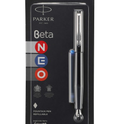 Parker Beta Neo Chrome Trim Fountain Pen| Black Body Color With 1 Ink Cartridge | Ink Color - Blue | Gift For Employees | Unique Gifts For Entrepreneurs