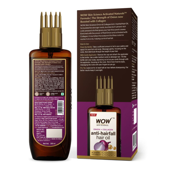 WOW Skin Science Onion Black Seed Hair Oil - WITH COMB APPLICATOR - Controls Hair Fall - NO Mineral Oil, Silicones, Cooking Oil & Synthetic Fragrance - 200mL