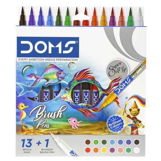 DOMS 14 Shades Brush Pen Box Pack | Super Soft Tip With Brilliant Colors | Water Based Ink Which Gives Water Color Effect | Pack Of 1, Multicolor