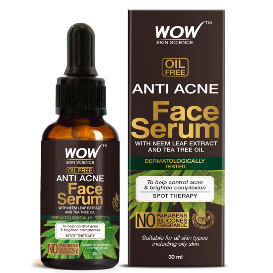 WOW Skin Science Anti Acne Face Serum | Natural Neem Leaf & Tea Tree Oil | Reduce Spots, Skin Repair, Pimple Free, Bright Skin | No Parabens | Face Serum for Women & Men | 30 ml