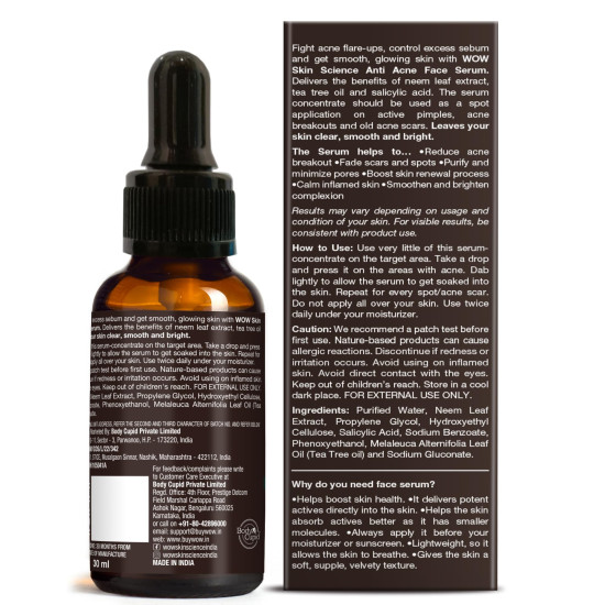 WOW Skin Science Anti Acne Face Serum | Natural Neem Leaf & Tea Tree Oil | Reduce Spots, Skin Repair, Pimple Free, Bright Skin | No Parabens | Face Serum for Women & Men | 30 ml