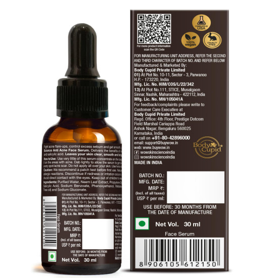 WOW Skin Science Anti Acne Face Serum | Natural Neem Leaf & Tea Tree Oil | Reduce Spots, Skin Repair, Pimple Free, Bright Skin | No Parabens | Face Serum for Women & Men | 30 ml