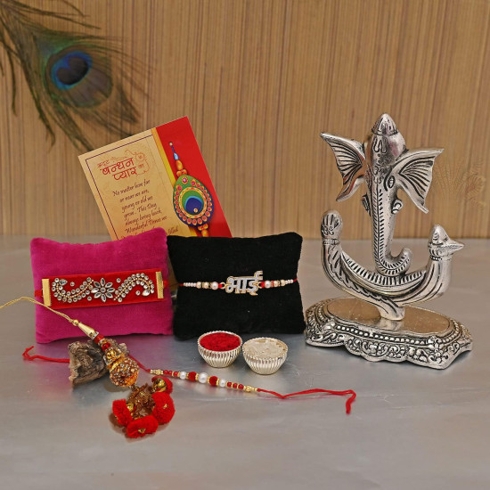 Rakhi For Brother Combo Gift Set - Rakhis for Rakshabandhan Sister Kids Bhaiya - Rakhi Gift for Brother Bhabhi - Ganesha Idol Showpiece For Gift/Peacock Rakhi/Bhai Rakhi/Lumba Rakhi/Greeting Card