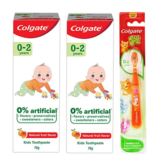 Colgate Kids Cavity Protection Toothpaste for 0-2 Years, 140g (70g x 2), Natural Fruit Flavour, 0% Artificial substances, SLS Free, Fluoride Free with Kid's Extra Soft Toothbrush (1 pc) (0- 24 months)