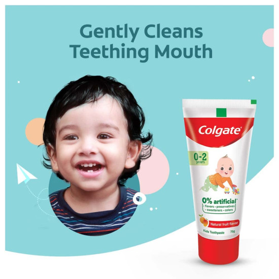 Colgate Kids Cavity Protection Toothpaste for 0-2 Years, 140g (70g x 2), Natural Fruit Flavour, 0% Artificial substances, SLS Free, Fluoride Free with Kid's Extra Soft Toothbrush (1 pc) (0- 24 months)