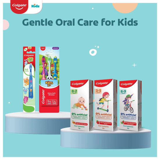 Colgate Kids Cavity Protection Toothpaste for 0-2 Years, 140g (70g x 2), Natural Fruit Flavour, 0% Artificial substances, SLS Free, Fluoride Free with Kid's Extra Soft Toothbrush (1 pc) (0- 24 months)