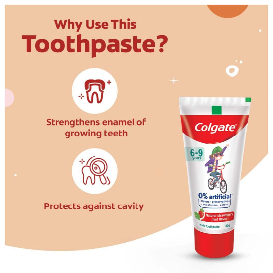 Colgate Toothpaste for Kids (6-9 years), Natural Strawberry Mint Flavour, 0% Artificial- 80g (Pack of 2) with Kid's Batman Extra Soft Toothbrush (5+ yrs) - 1 Pc