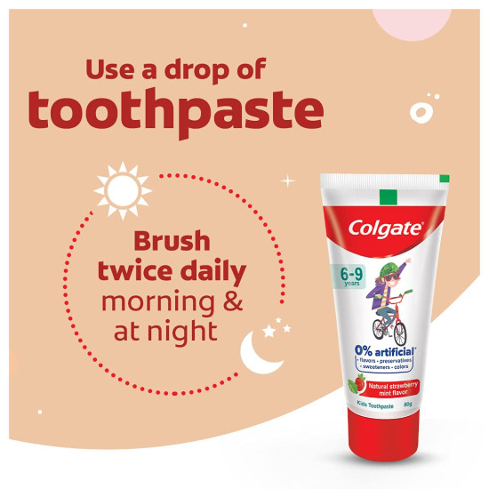 Colgate Toothpaste for Kids (6-9 years), Natural Strawberry Mint Flavour, 0% Artificial- 80g (Pack of 2) with Kid's Batman Extra Soft Toothbrush (5+ yrs) - 1 Pc