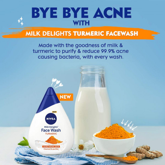 NIVEA Milk Delights Turmeric Face Wash 100ml | With Milk and Turmeric| Reduces 99.9% Pimple Causing Bacteria | Best Suited pH for Skin | All Skin Types