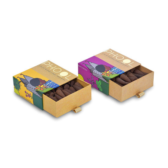 PHOOL LUXURY INCENSE Pack Of 2 Natural Incense Cones, Meditation Pack - 80 Organic Dhoop Cones | Fragrances - Nagchampa & Patchouli | Dhoop Cones For Pooja | Free Dhoop Stand Inside