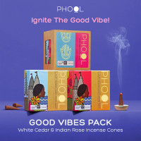 PHOOL LUXURY INCENSE Good Vibes Pack Of 80 Natural Dhoop Cones | Indian Rose & White Cedar | Special Pack Of 80 Dhoop Cones For Pooja - 500 Gms | Sulphur & Charcoal Free