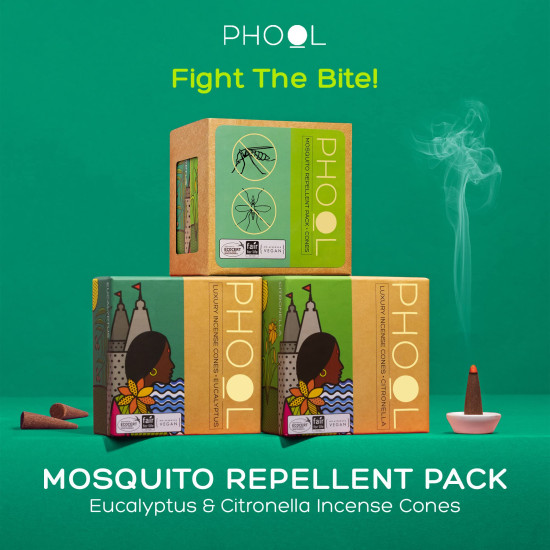 Phool - Mosquito Repellent dhoop| Pack of 2 (80 Organic Dhoop Cones | 2 Fragrances- Citronella & Eucalyptus)+1 Free Ceramic Holder |Handrolled |Sulphur & Charcoal Free | 100% Organic (500 GMS)