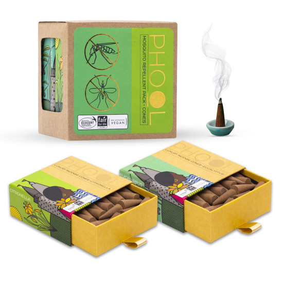 Phool - Mosquito Repellent dhoop| Pack of 2 (80 Organic Dhoop Cones | 2 Fragrances- Citronella & Eucalyptus)+1 Free Ceramic Holder |Handrolled |Sulphur & Charcoal Free | 100% Organic (500 GMS)