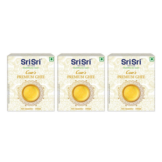 Sri Sri Tattva Premium Cow Ghee 500 ml | Pure Cow Ghee | Vedic Bilona Method | Natural, Lactose & Gluten-Free | Excellent for Digestion I Pack of 3