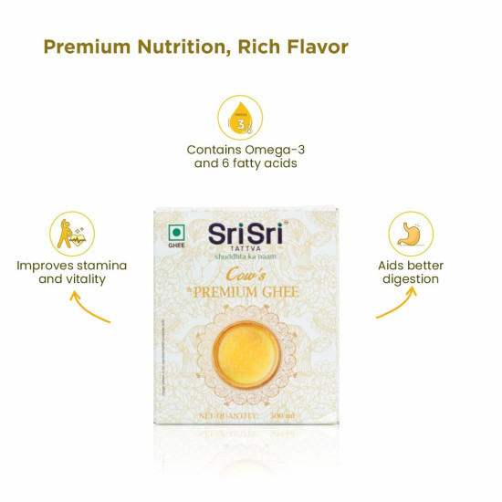 Sri Sri Tattva Premium Cow Ghee 500 ml | Pure Cow Ghee | Vedic Bilona Method | Natural, Lactose & Gluten-Free | Excellent for Digestion I Pack of 3