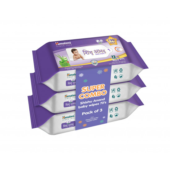 Shishu Anand Baby Wipes with Aloe Vera & Licorice, 72 Wipes (Pack of 3) | pH Balanced | Gentle on Skin | Clinically Tested