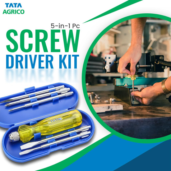 TATA Agrico 5-in-1 Screwdriver Set | Multi-Purpose Hand Tool Kit with Flat Blades, Poker Bars & Extension Rod | Durable Screw Driver Kit for Home, Garage & Industrial Use (Yellow)