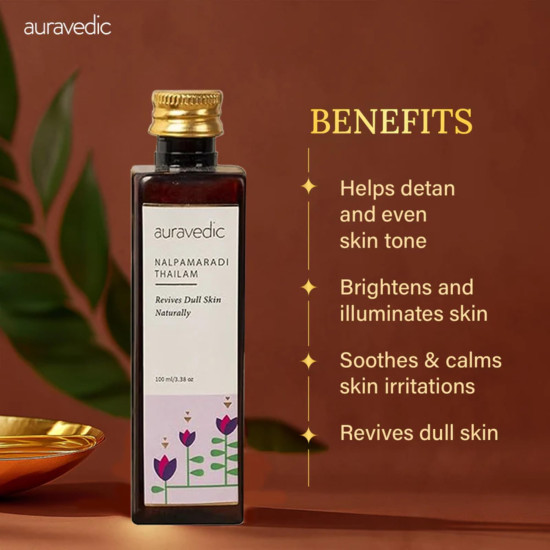 Auravedic Nalpamaradi Thailam for Face Body oil after bath for daily use 100 ml Nalpamaradi oil for Skin Brightening Pigmentation DeTan For Men Women Auravedic Nalpamaradi Thailam for Face Body oil after bath for daily use 100 ml Nalpamaradi oil for Skin Brightening Pigmentation DeTan For Men Women