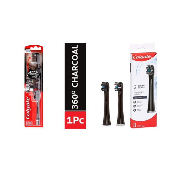 Virtual Bundle - Colgate 360 Charcoal Battery Toothbrush Refill (Multicolor) + Colgate 360 Deep Clean Charcoal Brush Head for Colgate PROCLINICAL Toothbrushes