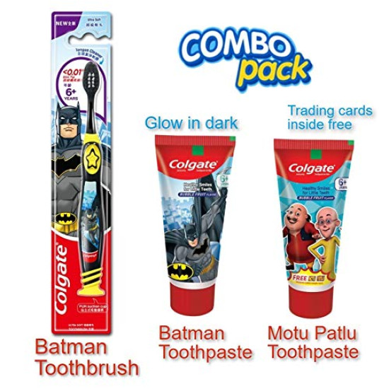 Colgate Kid's USB LED Toothbrush Batman and Motu Patlu Anticavity Toothpaste - 80g and 80 g (Bubble Fruit Flavour paste )