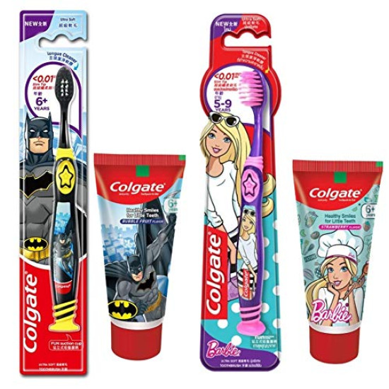 Colgate Kids Anti cavity extra Soft Tongue Cleaner Toothbrush Batman + Barbie & Anticavity Batman + Barbie Toothpaste For Kids - 80g + 80g (Bubble Fruit Flavour) Soft - 1 pc (Free Usb Led)