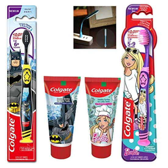 Colgate Kids Anti cavity extra Soft Tongue Cleaner Toothbrush Batman + Barbie & Anticavity Batman + Barbie Toothpaste For Kids - 80g + 80g (Bubble Fruit Flavour) Soft - 1 pc (Free Usb Led)