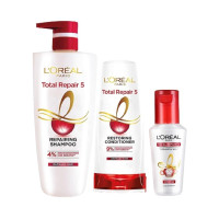 L'Oreal Paris Repairing Shampoo + Restoring Conditioner + Smoothening and Repairing Serum For Damaged and Weak Hair, With Pro-Keratin, Ceramide+UV Filter, Total Repair 5, Bundle pack