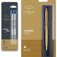 Parker Classic Gold Ball Pen With (Parker Quink Flow Refill Combo Pack 2 - Blue Ink) By DTL Company