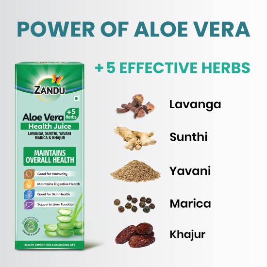 Zandu Aloe Vera + 5 Herbs Health Juice | Ayurvedic Immunity Booster | Good for Digestive Health, Skin Health & Liver Function |No Added Sugar (500ml)