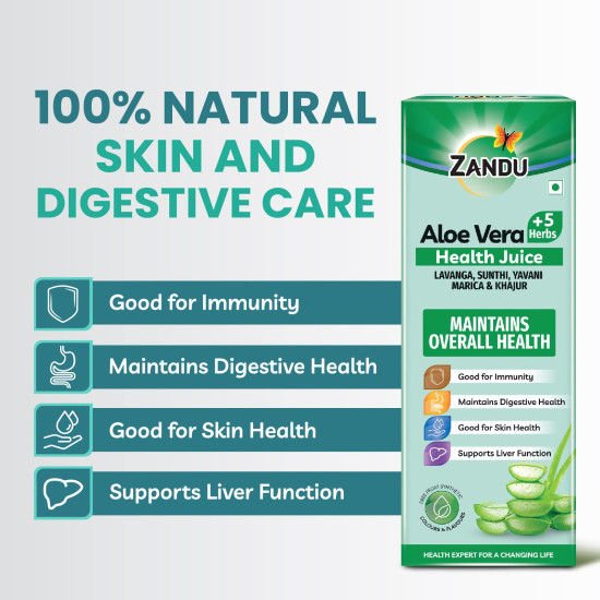 Zandu Aloe Vera + 5 Herbs Health Juice | Ayurvedic Immunity Booster | Good for Digestive Health, Skin Health & Liver Function |No Added Sugar (500ml)
