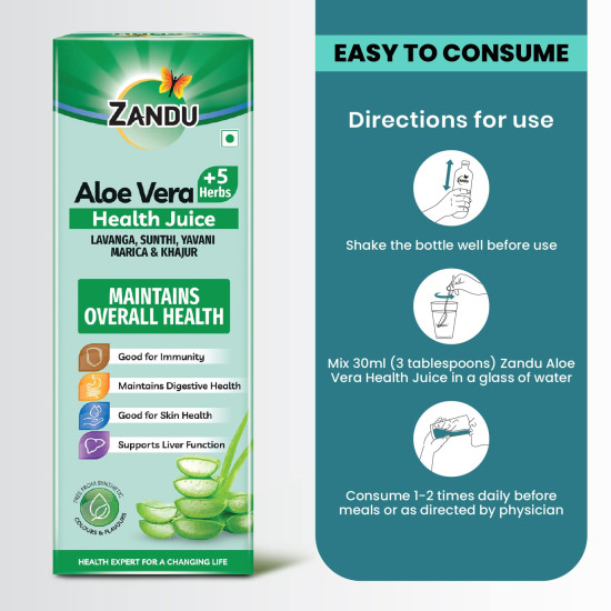 Zandu Aloe Vera + 5 Herbs Health Juice | Ayurvedic Immunity Booster | Good for Digestive Health, Skin Health & Liver Function |No Added Sugar (500ml)